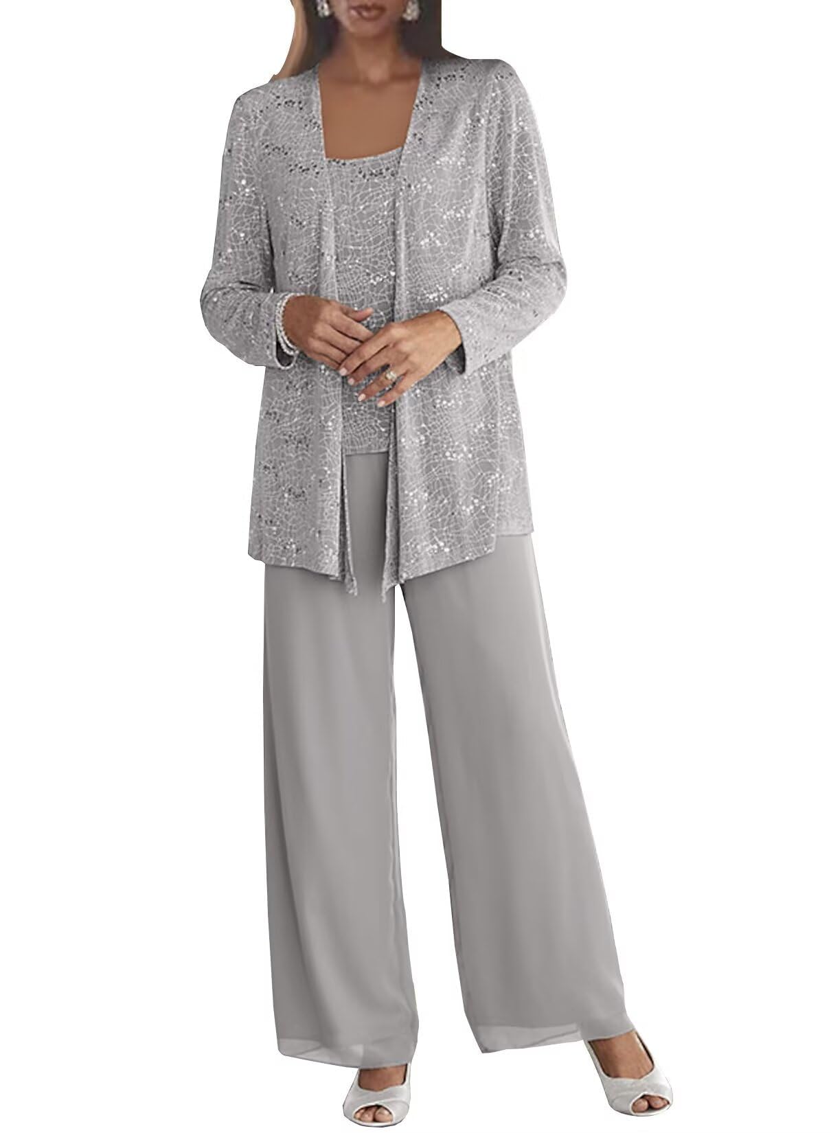 3 Pieces Chiffon Mother of The Bride Pant Suits for Wedding Sequin Grandmother of The Bride Pant Suits