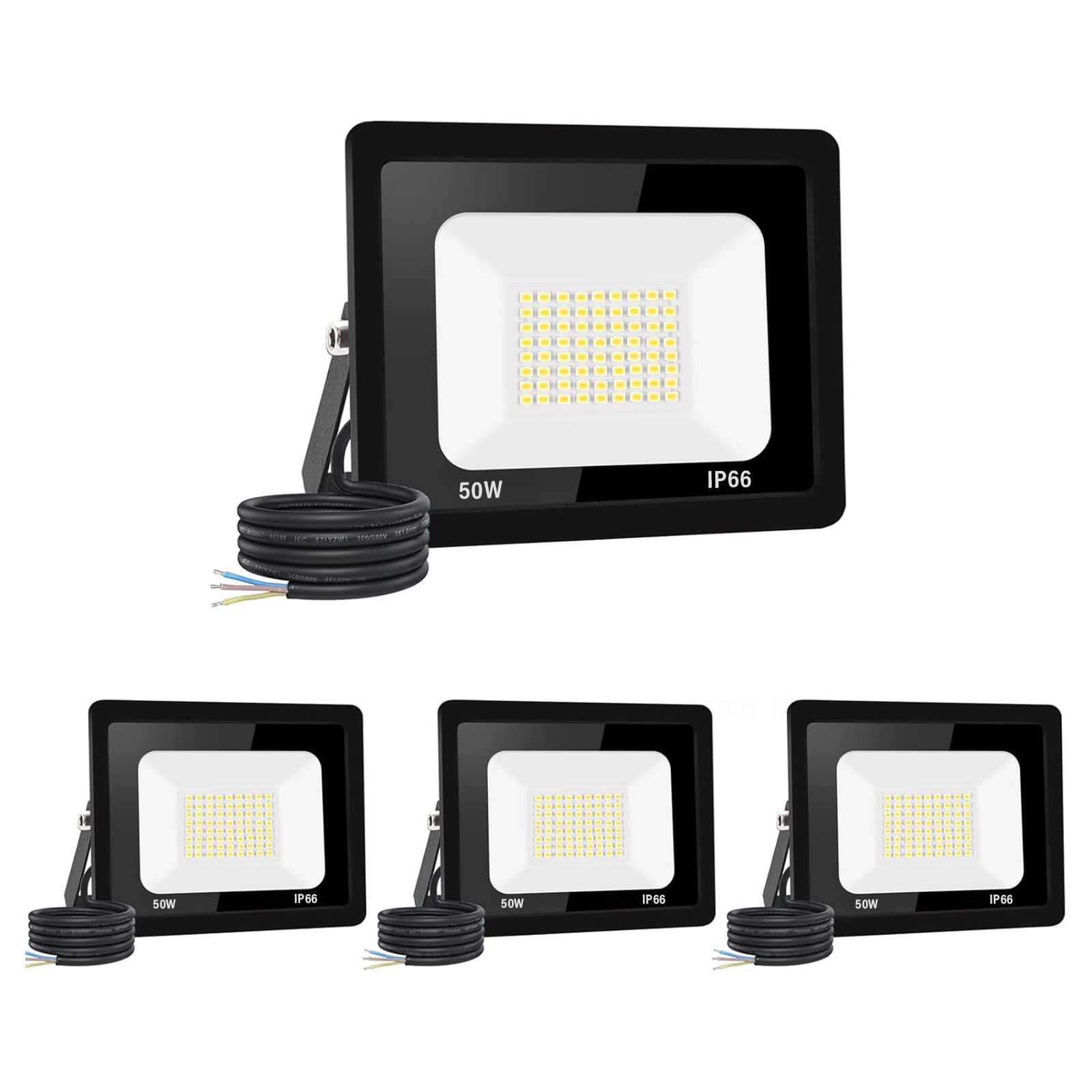 50W LED Außenstrahler, 5000LM 6000K IP66, 4 Stück | 5000LM hell, 6000K Kaltweiß, IP66 wasserdicht, Alu-Gehäuse, 50000h, 80% sparend, für Garten/Garage/Hotel/Sportplatz