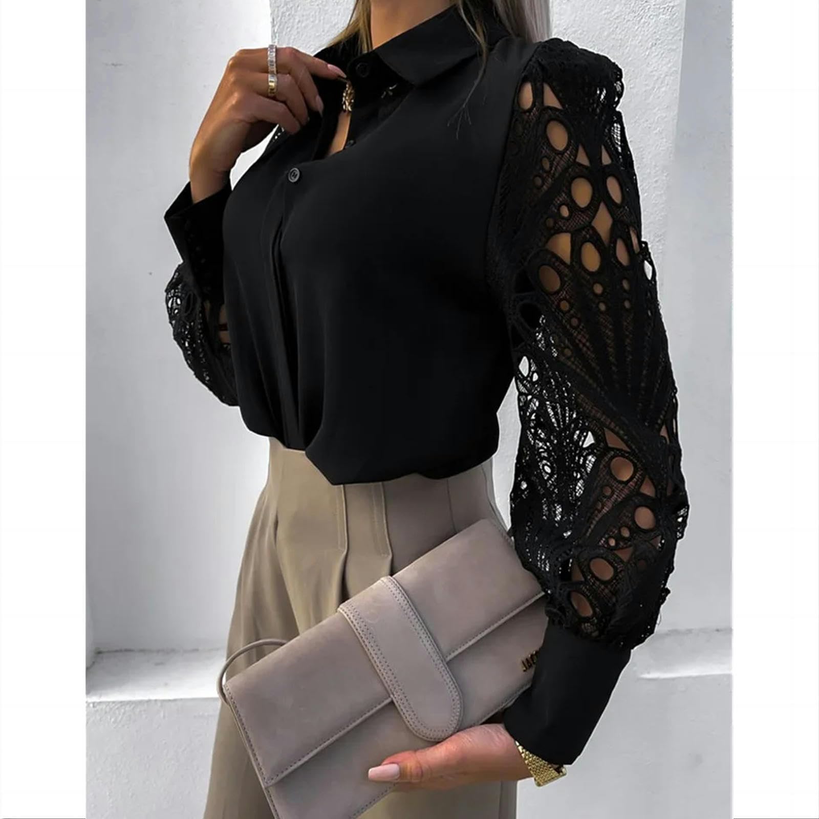Camicia Donna Elegante Hollow out Donne Camicetta Autunno Primavera Nero Top Vintage Button Up Camicie Maniche Lunghe Top-Nero-m