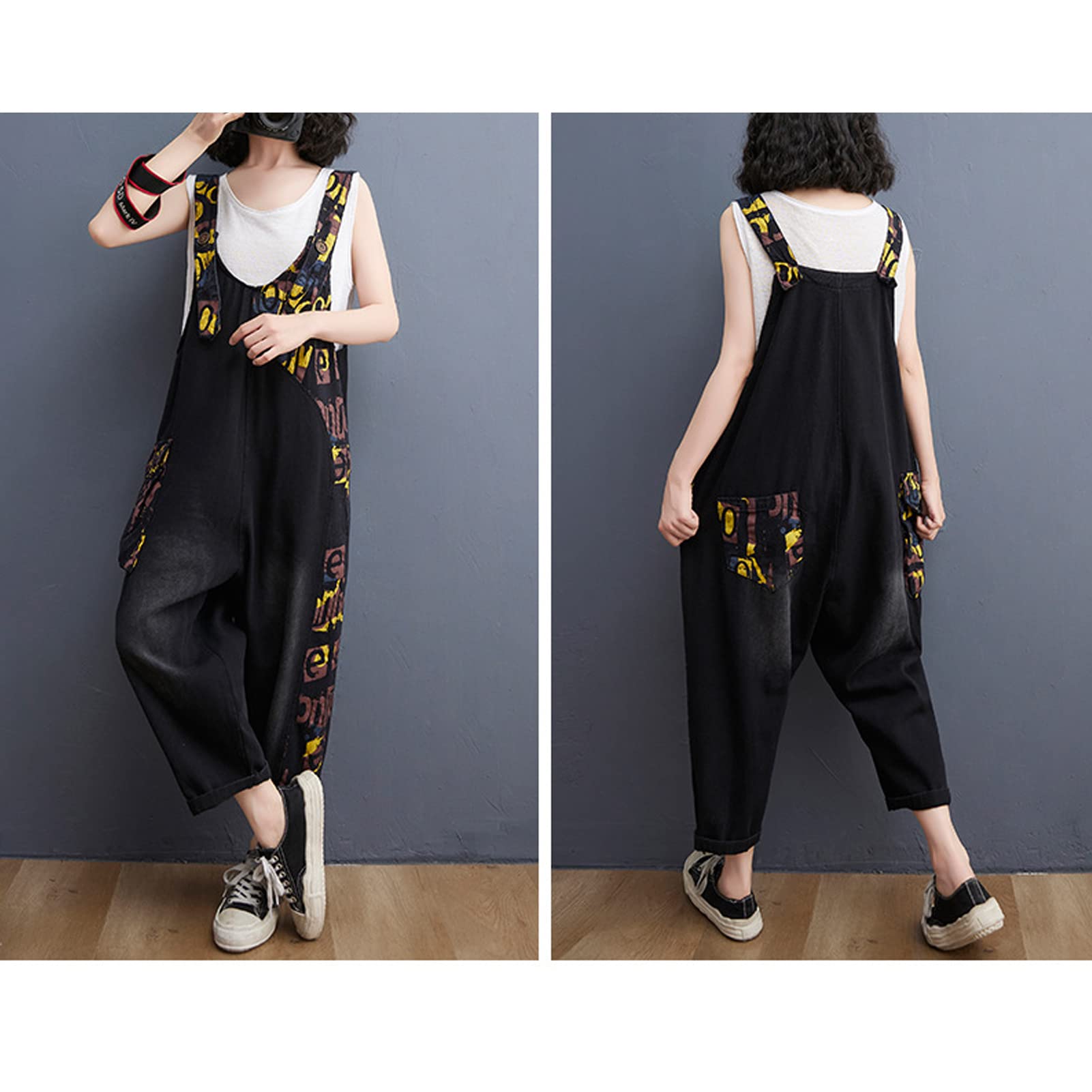 Salopette Donna Jeans retrò in Denim Lunga Regolabile Cinturino Senza Maniche Tute Baggy Casual a Gamba Larga Pantaloni Dungarees Overall Jumpsuit Black-L