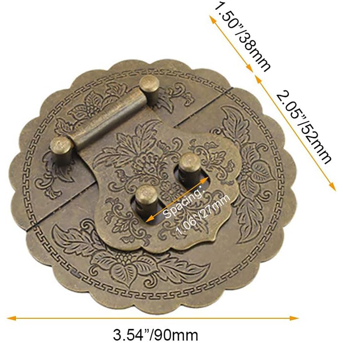 PASFDZHASFHQF 3.54''/9cm Round Embossing Brass Hasp Buckle Lock Latch, Antique Brass Cabinet Box Furniture Hardware Hasp (Antique Bronze)
