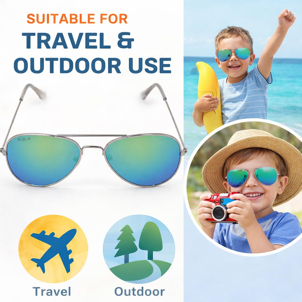 ROZIOR Kids Aviator Sunglasses for Boys & Girls (Age 4–12 Years) | UV400 Protection | Mirrored Blue-Green Lens | Lightweight Metal Frame | Stylish Outdoor, Travel & Daily Wear 3