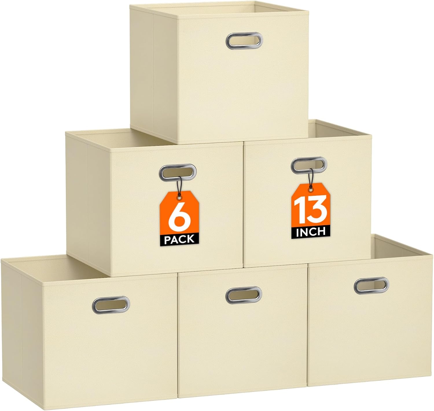 Lifewit 13 Inch Cube Storage Bins, 6 Packs Cube Storage Organizer, Foldable Decorative Fabric Storage Baskets for Organizing Home Organizers with Metal Handles for Shelves, Closet, Beige Beige 6
