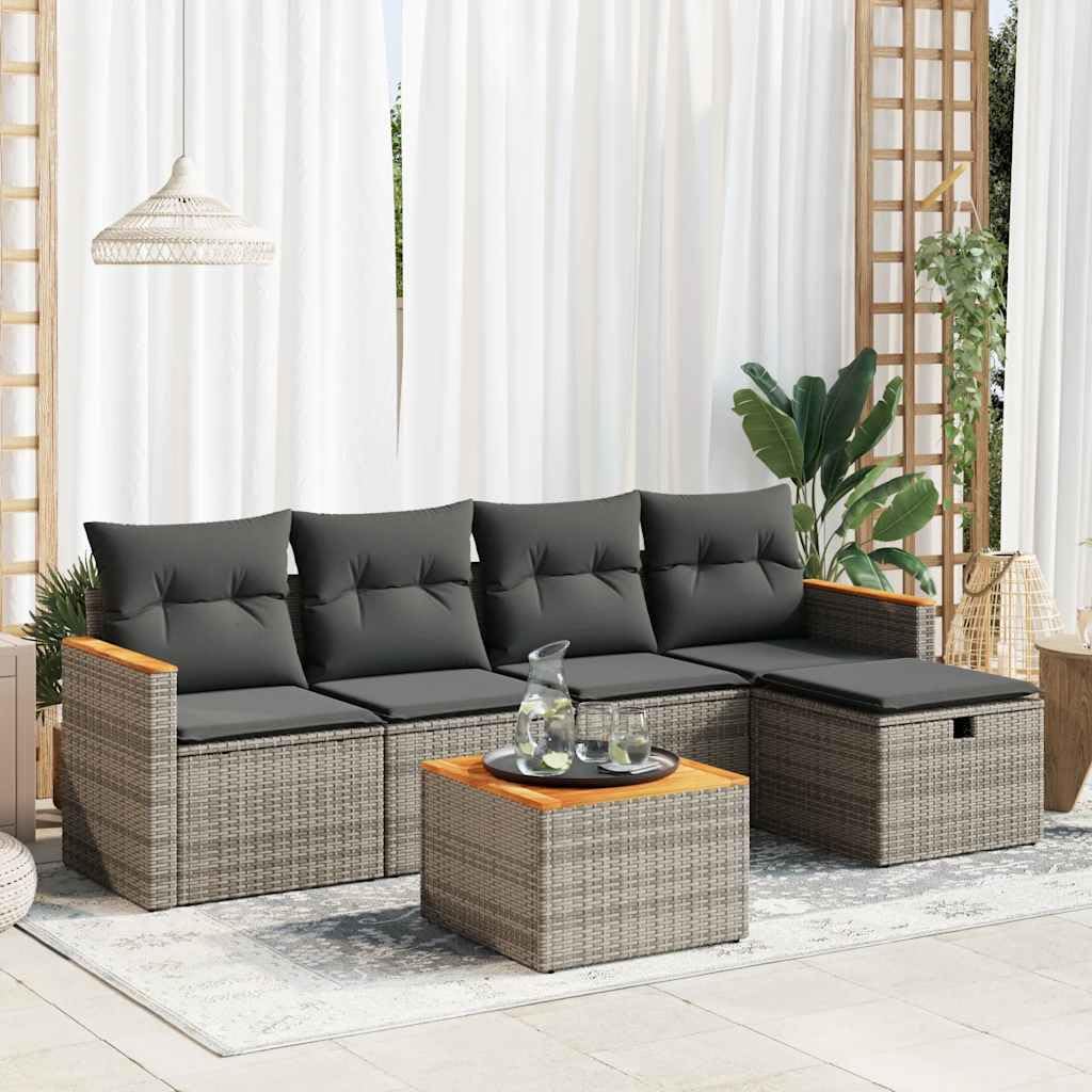 Sala da giardino in polyrattan grigio con legno di acacia, 55 x 55 cm, salvaspazio, resistente alle intemperie, modulare, per balconi o terrazze, per esterni, giardino, terrazza, cortile