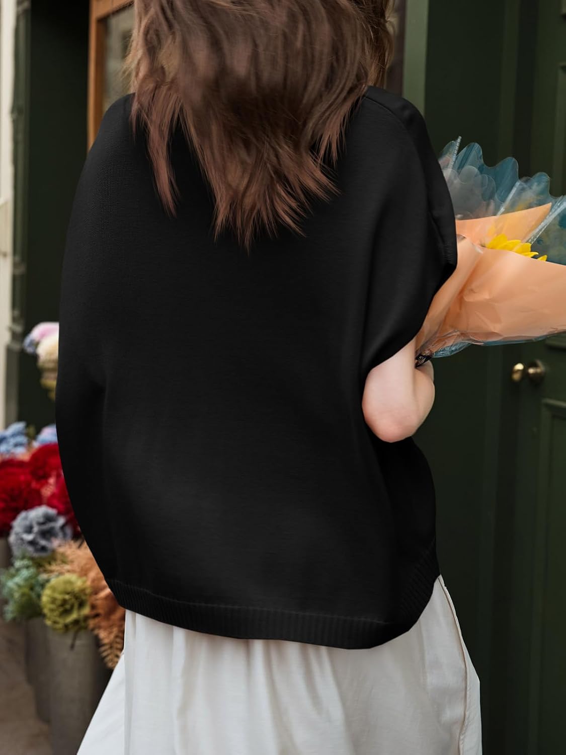 Saodimallsu Womens Spring Oversized Cardigans Batwing Short Sleeve Lightweight Button V Neck Casual Knit Sweater Tops - Image 5