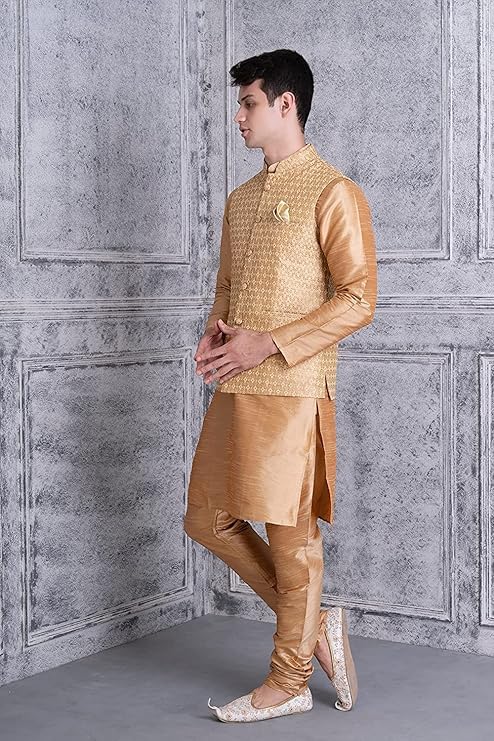 Image of Uri and MacKenzie Men's Silk Blend Kurta Churidar Pyjama with Stylish Nehru Jacket