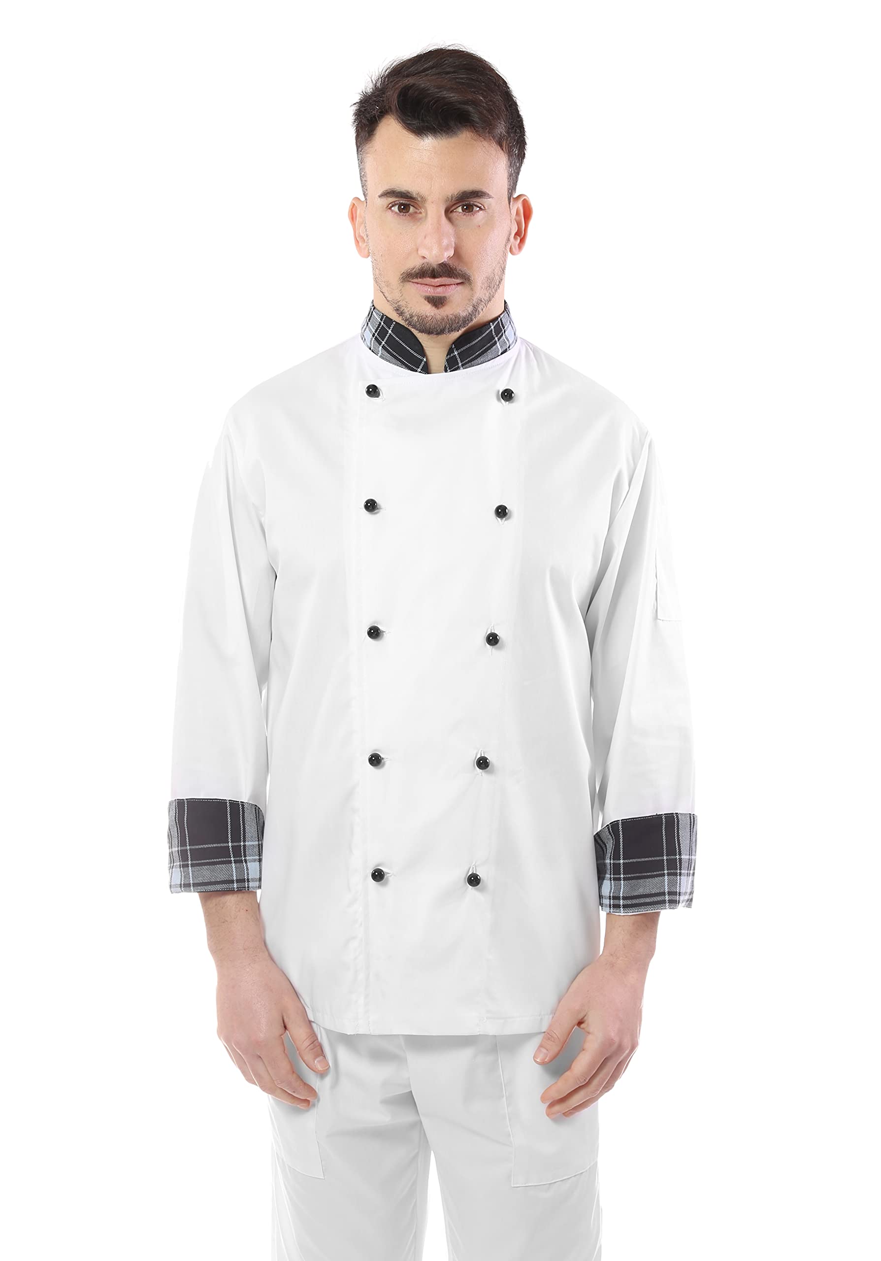 Chaqueta de cocinero para hombre – Blanco/escocés – Casaca Chef – uniforme para cocina y restaurante – Fabricado en Italia