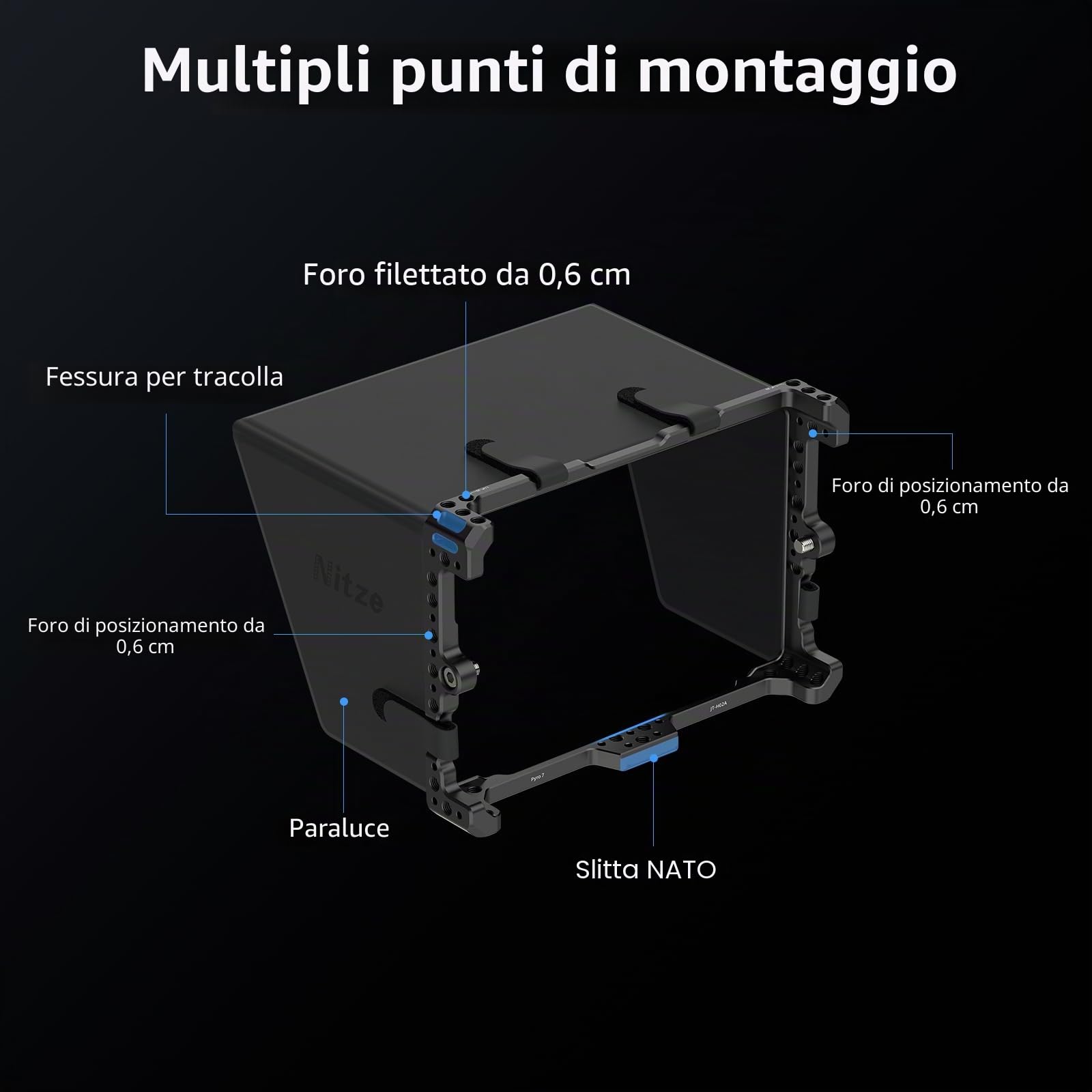 Nitze Gabbia per Monitor Hollyland Pyro 7 con Paraluce in Pelle PU e Guida NATO Integrata - JT-H02B