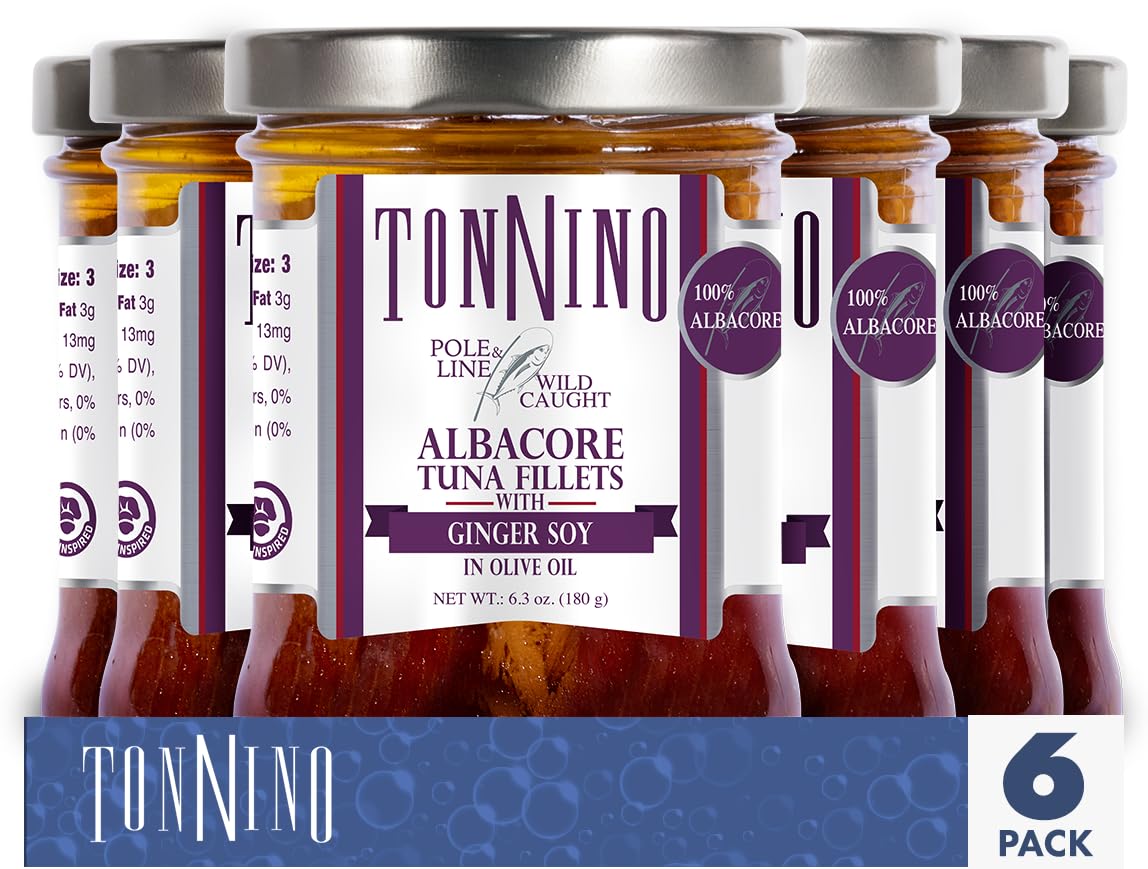 Tonnino Tuna Fish Albacore - Olive oil with Ginger soy – Pack of 6 – Alternative to Salmon – Protein Snacks – Ready to Eat Meals