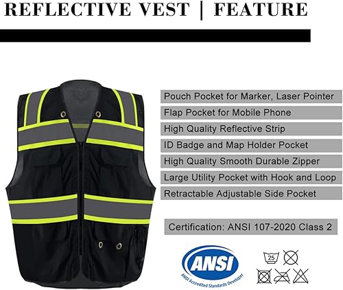 Miniatura 6 de KARXICIY Chaleco de seguridad reflectante ANSIISEA, chaleco de seguridad de alta visibilidad, chaleco de construcción con cremallera de 4 bolsillos