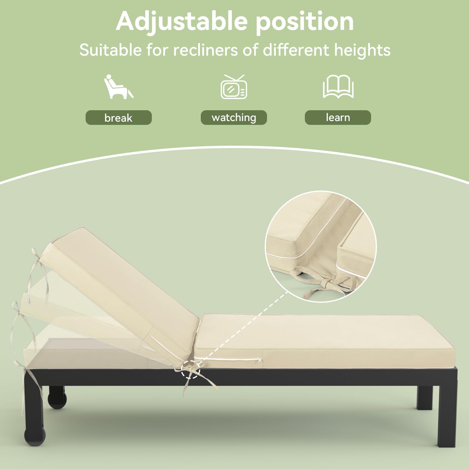 Detiblue Chaise Lounge Cushions Outdoor, 72x21x3 Waterproof and Comfortable Outdoor Chair Cushions with Ties,Patio Furniture Cushions for Lawn/Pool/Beach/Resort Hotel(Beige)