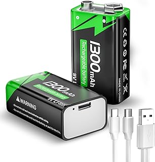 Piles 9V Rechargeables, 9 Volt Piles Carrées Lithium-ION Batteries avec Port de Charge USB-C Rapide pour Microphone, Détecteur de fumée, Jouets électroniques etc (Lot de 2)