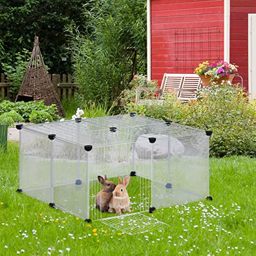 Relaxdays Freilaufgehege, HBT 37 x 75 x 75 cm, Freigehege mit Tür & Abdeckung, DIY Kleintiergehege, transparent, weiß