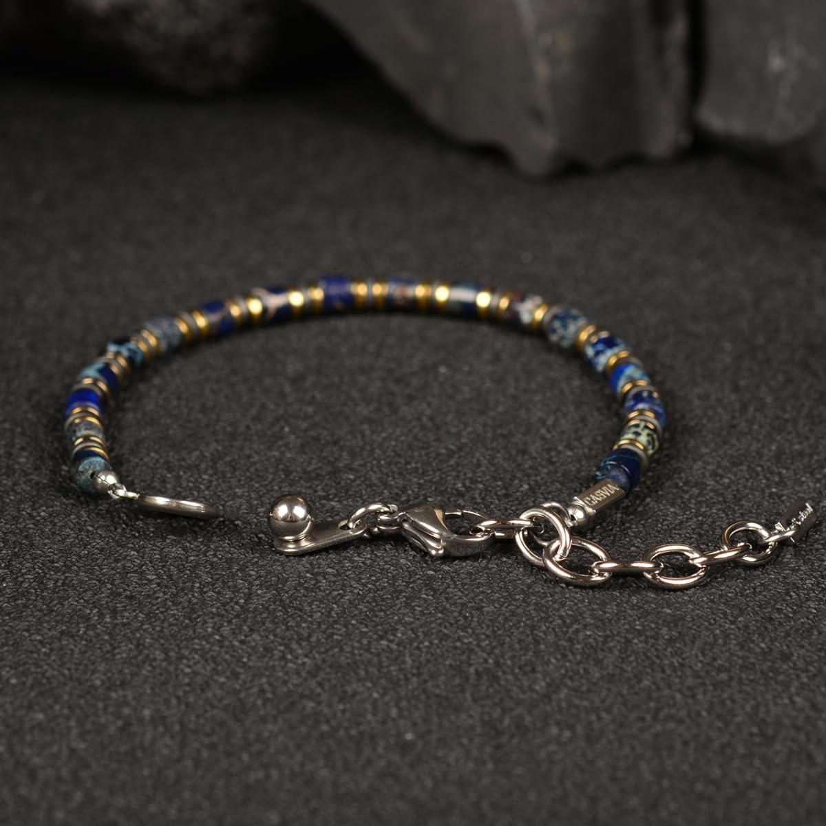Indigo Gleam Men's Bracelet | Blue Emperor Stone Beads | Adjustable Stainless Steel Dual-Clasp | Fits 6.89-8.8 Inches | Ideal for Daily Wear & as a Gift for Men