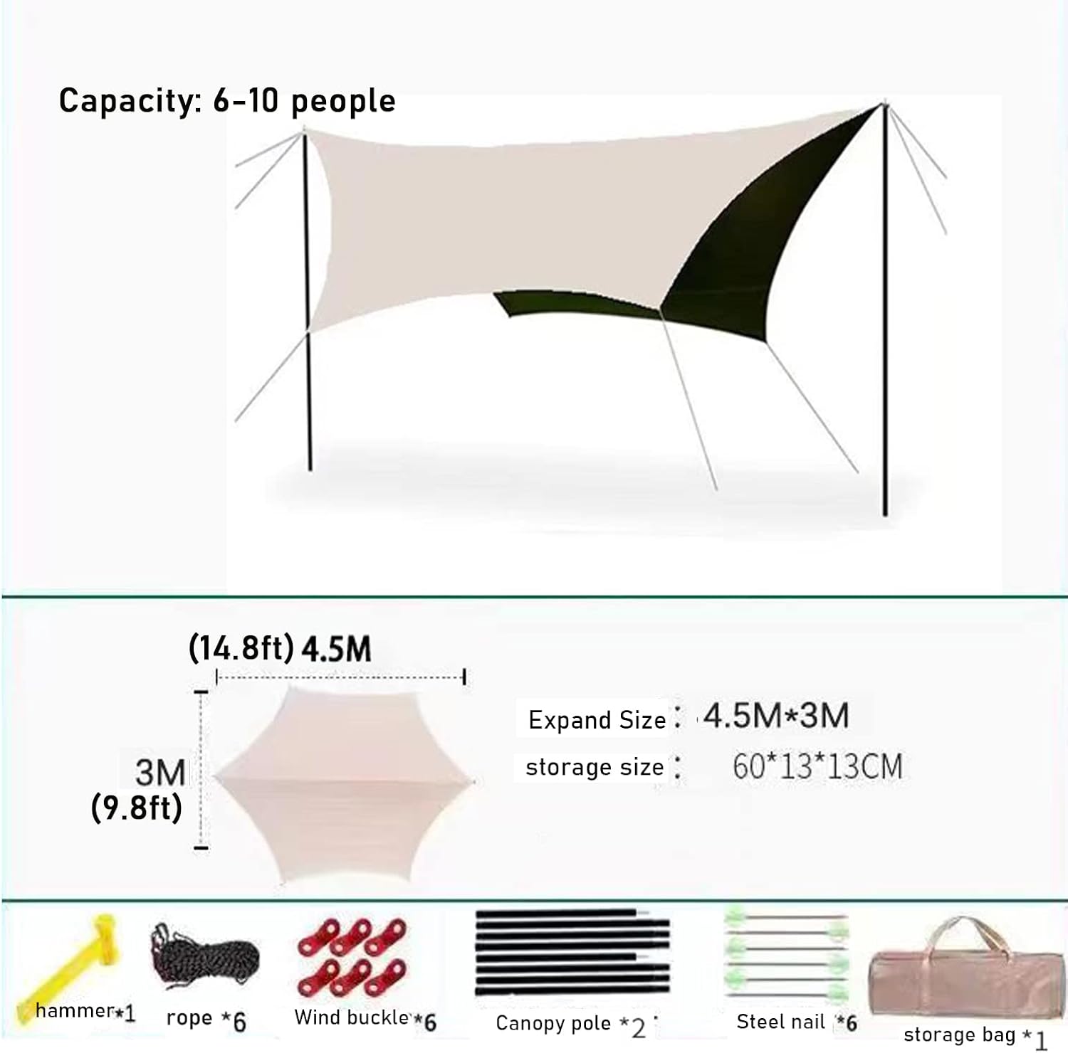 Camping Tarp Waterproof Hammock Tent Tarp,Portable Camping Shelter Sunshade Tarpaulin,Anti-UV Windproof,for Camping Hiking Traveling Outdoor Sports,Includes Accessories (13.8x17ft) ()