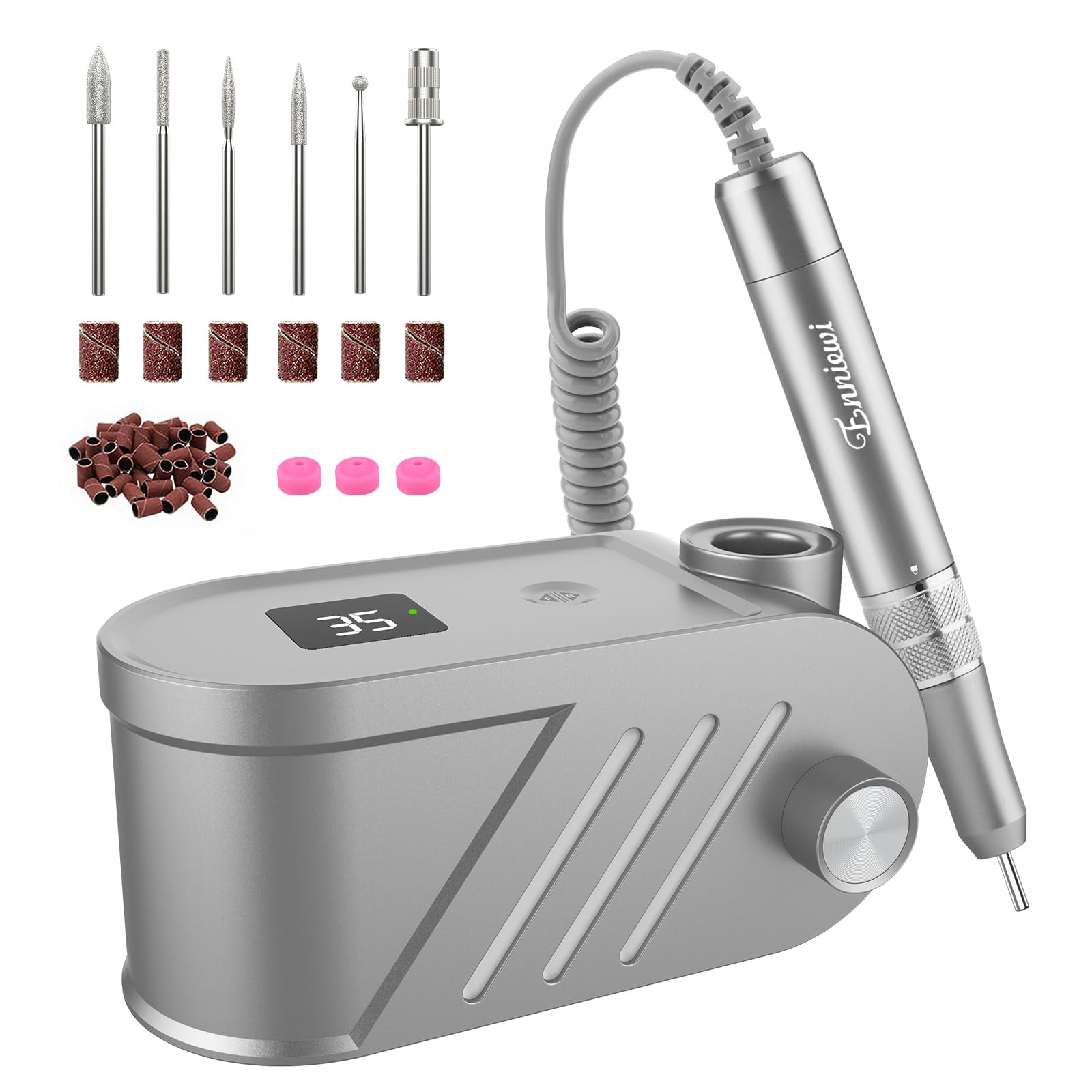 Enniewi Torno para Uñas Profesional 35000 RPM, Pulidor Uñas, Lima Electrica, Nail Drill, Set Manicura y Pedicura Electrico, Kit 11 Fresas Brocas, LED Tátil, Quitar Acrílico Gel/Esmalte/Callos, Gris