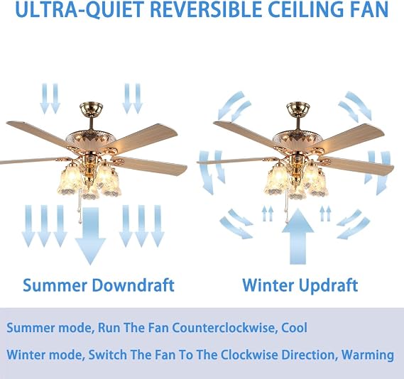 AndersonLight Modern Ceiling Fan with 5 Reversible Blades 5 Frosted Light Kit and Remote Control, Quiet Fan, Ecological Chandelier Fan, Golden Finish, 52-Inch