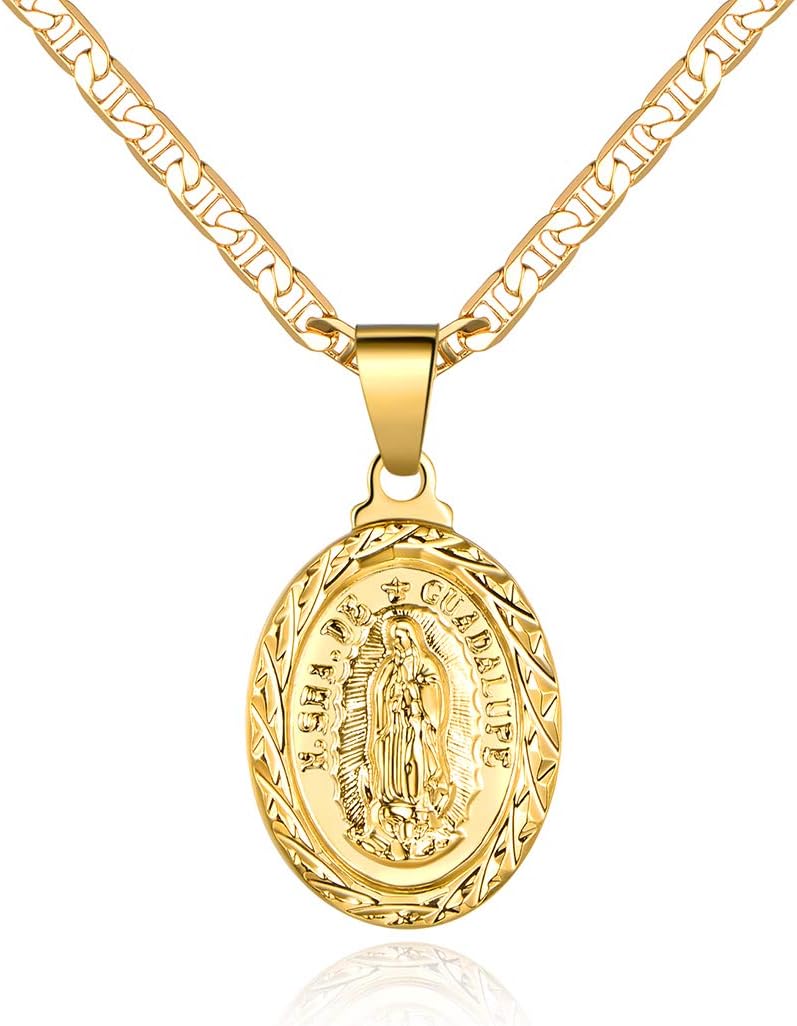 18K Gold Plated Flat Mariner/Marina 060 3MM Chain Necklace With Virgin Mary Guadalupe Charm Pendant