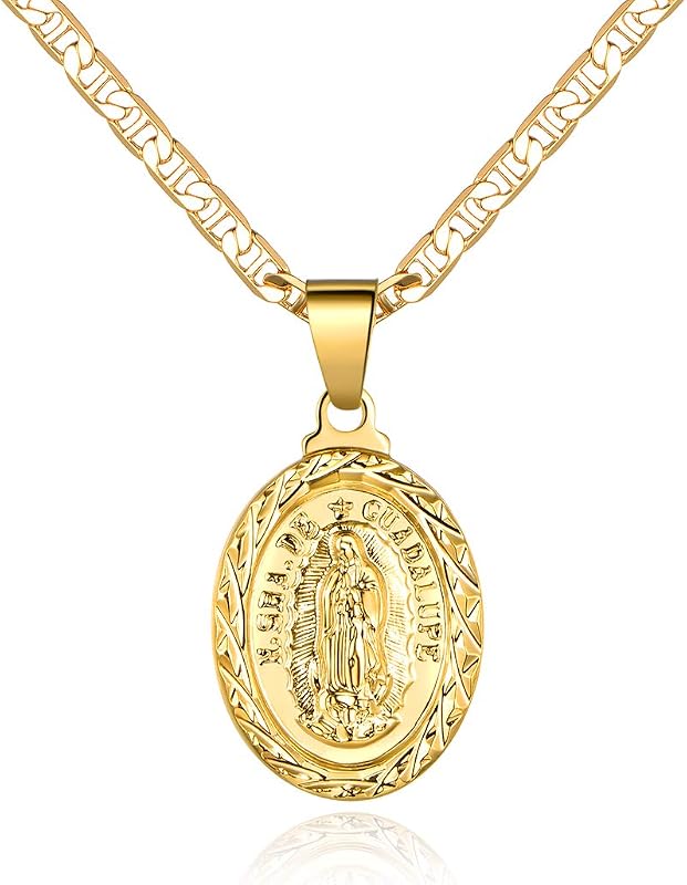 Barzel Collar de cadena plano Mariner/Marina 060 chapado en oro de 18 quilates de 3 mm con colgante con dije de la Virgen María Guadalupe