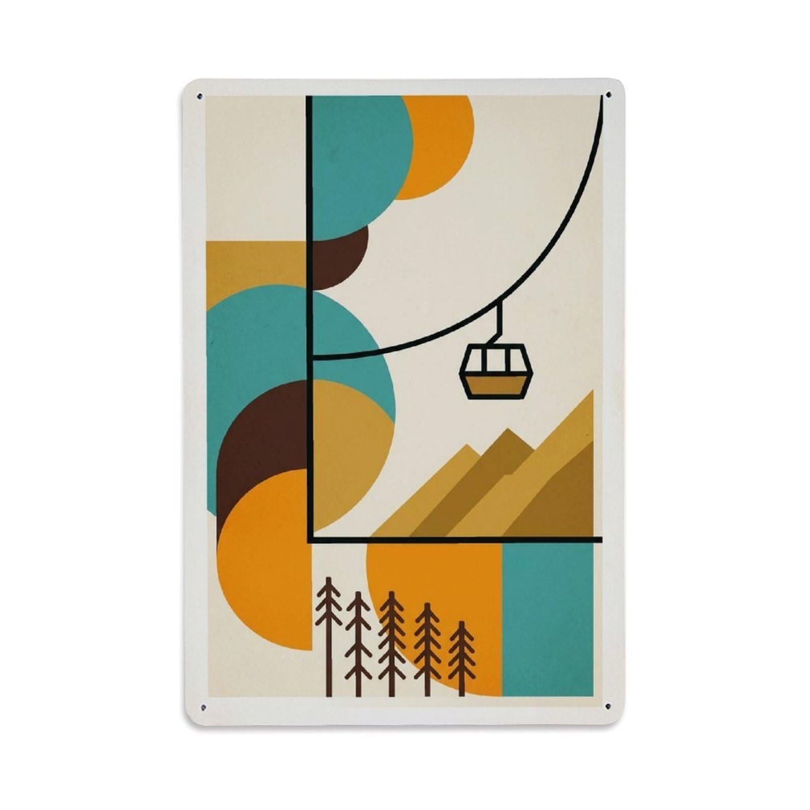 Cream Background Peak Gondola Abstract Mountain Grid Metal Tin Sign Plaque Wall Decor for Cafe, Man Cave, Club Bar, Office, Home Garden Round Metal Poster 8x12Inch