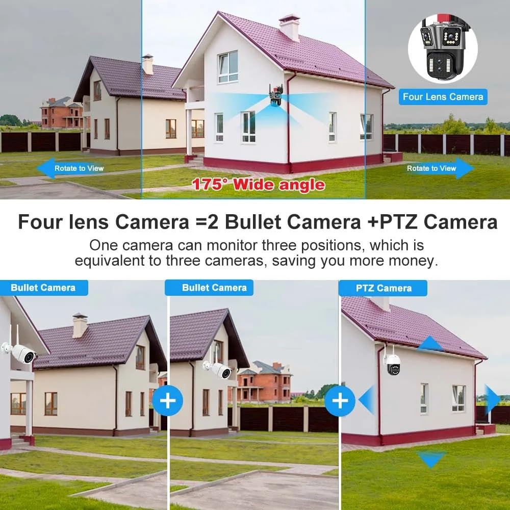 Telecamera di sicurezza, Telecamere di sorveglianza 16MP 6K Zoom 10X Telecamera sicurezza wireless esterna IP PTZ grandangolare a quattro obiettivi CCTV Smart Home(6K Camera Add 32G)