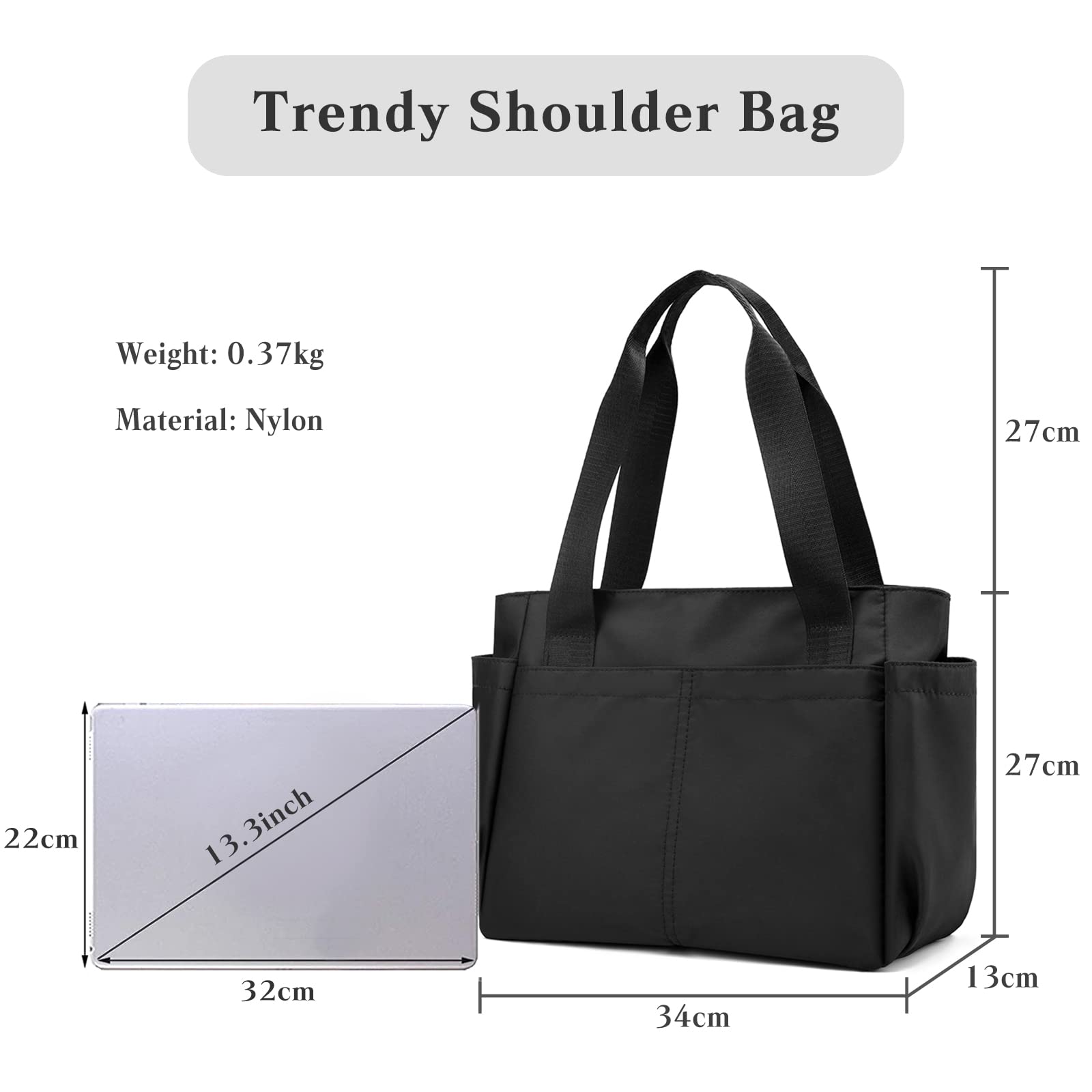 Sac D'épaule Nylon Sac à Main Femmes Sac Fourre-Tout Sac Cabas pour Shopping Voyage Travail Usage Quotidien Noir