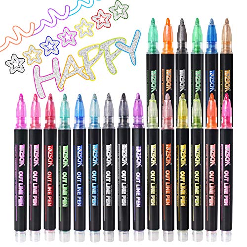 Outline Metallic Markers Set, ZSCM 21 Colors Super Squiggles Double Line Paint Pens Outline Markers, for Drawing Coloring, Greenting Card Writing, Art Crafts Projrcts, Metal, Wood, Ceramic, Glass