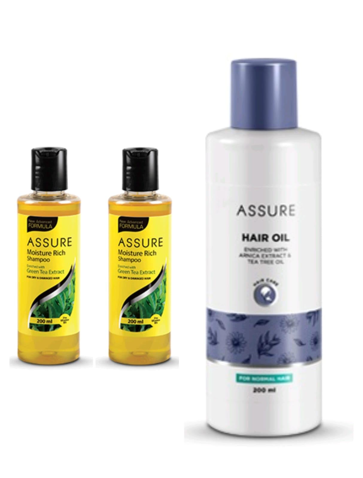 ASSURE Moisture Rich Hair Care Combo Pack of 3 | 2 x Moisture Rich Shampoo with Green Tea Extract (200ml Each) + 1 x Hair Oil with Amla, Tea Tree Oil & Arnica Extracts (200ml) | Complete Hair Care Kit for Men & Women-picture-12