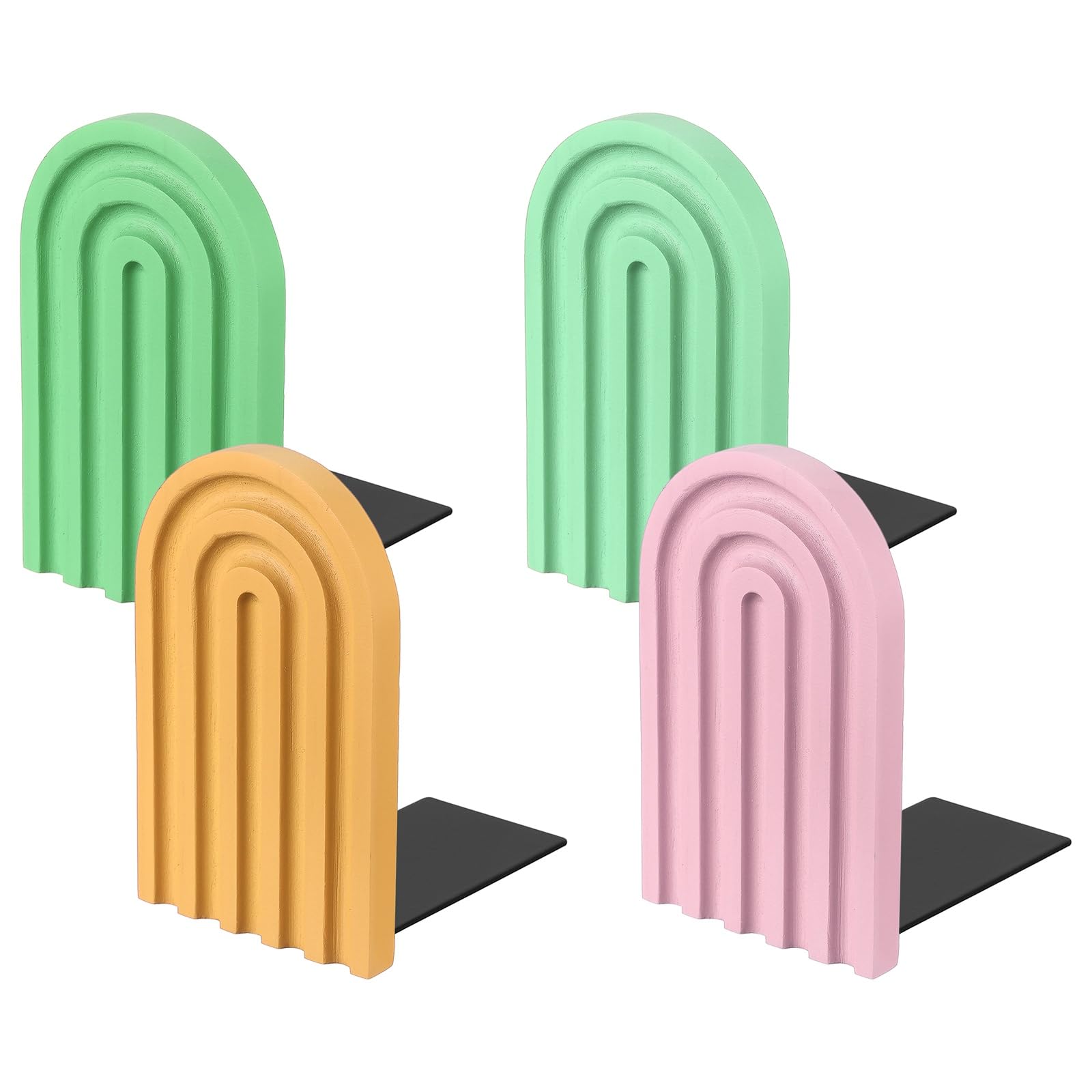 PATIKIL 4Pcs Arch Bookends, Non-Skid Wood Book Ends for Shelves Book Stopper for Holding Books Movie CD Home Office Library Decorative, Yellow/Pink/Green/Cyan
