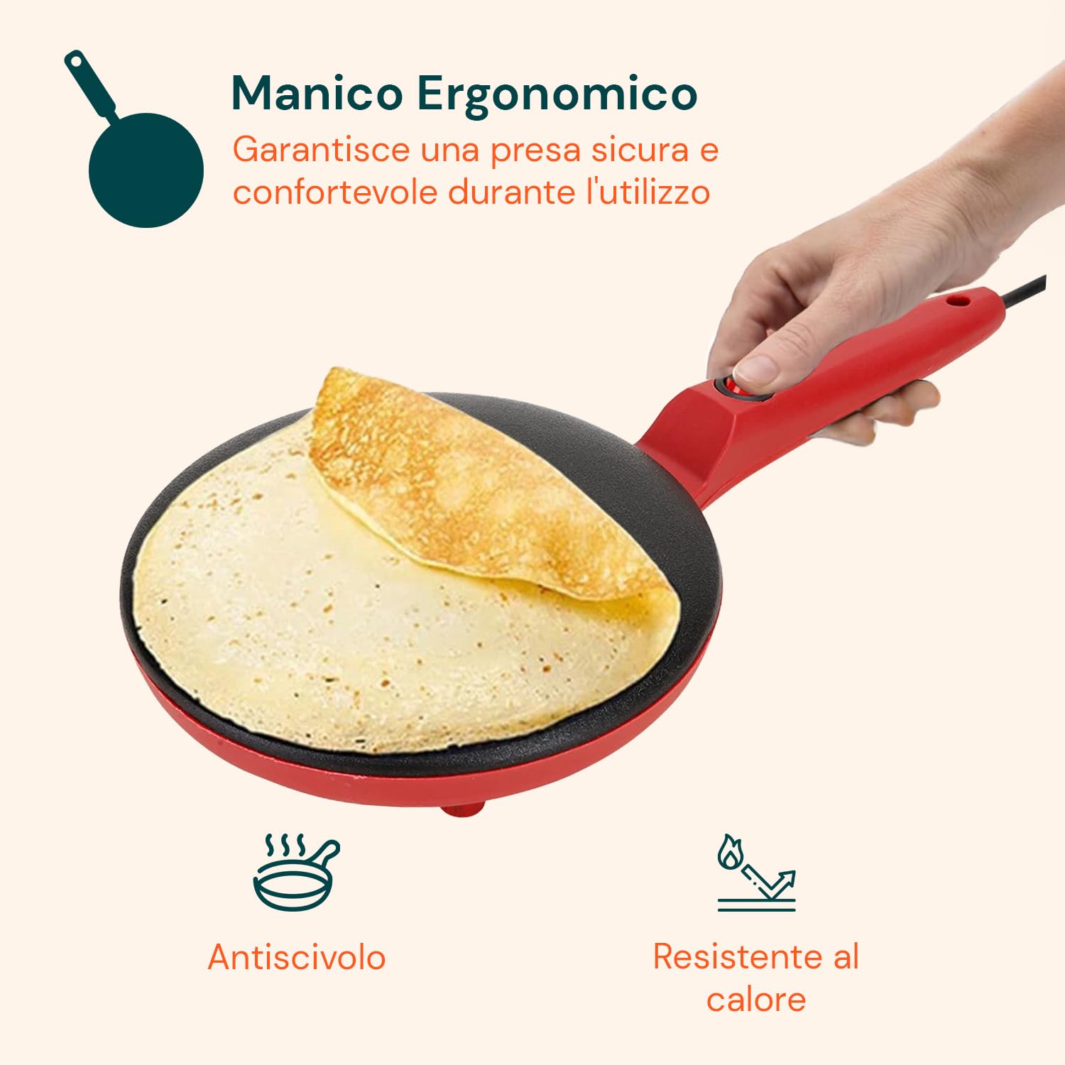 Wintem - Crepiera Elettrica Yummi 600W con Ciotola e Frusta Inclusa, Padella Antiaderente da 20cm Facile da Pulire, Ideale per Preparare Crepes Veloci a Colazione o Merenda in Sicurezza