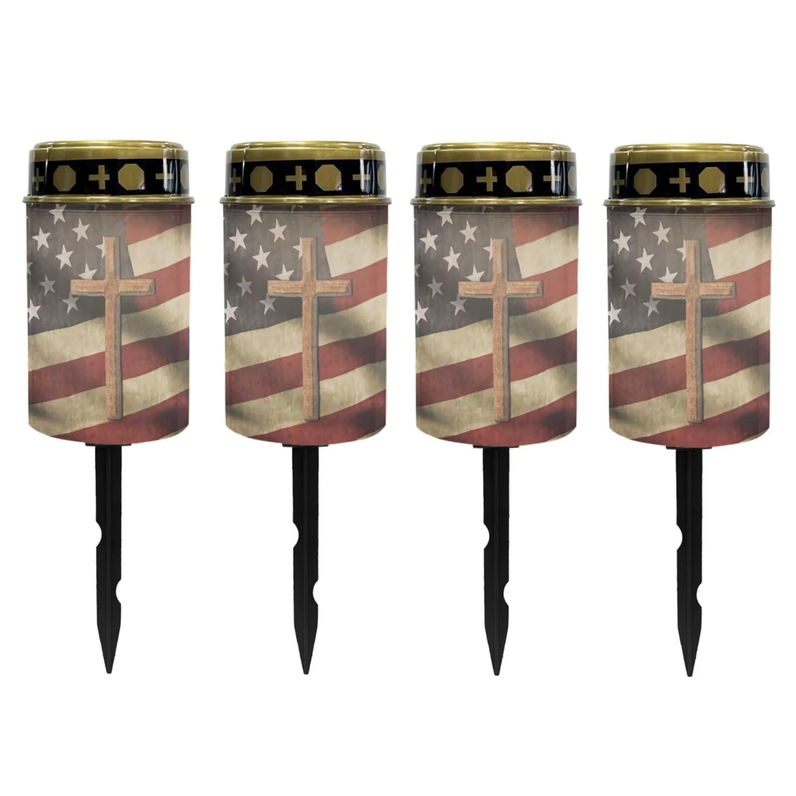Poceacles Cross Solar Pathway Lights Outdoor Grave Solar Lights Outside Waterproof Cemetery Flameless Candles Outdoor Solar Candle Grave Markers Eternal Decor, Cross American Flag Vintage, Pack of 4