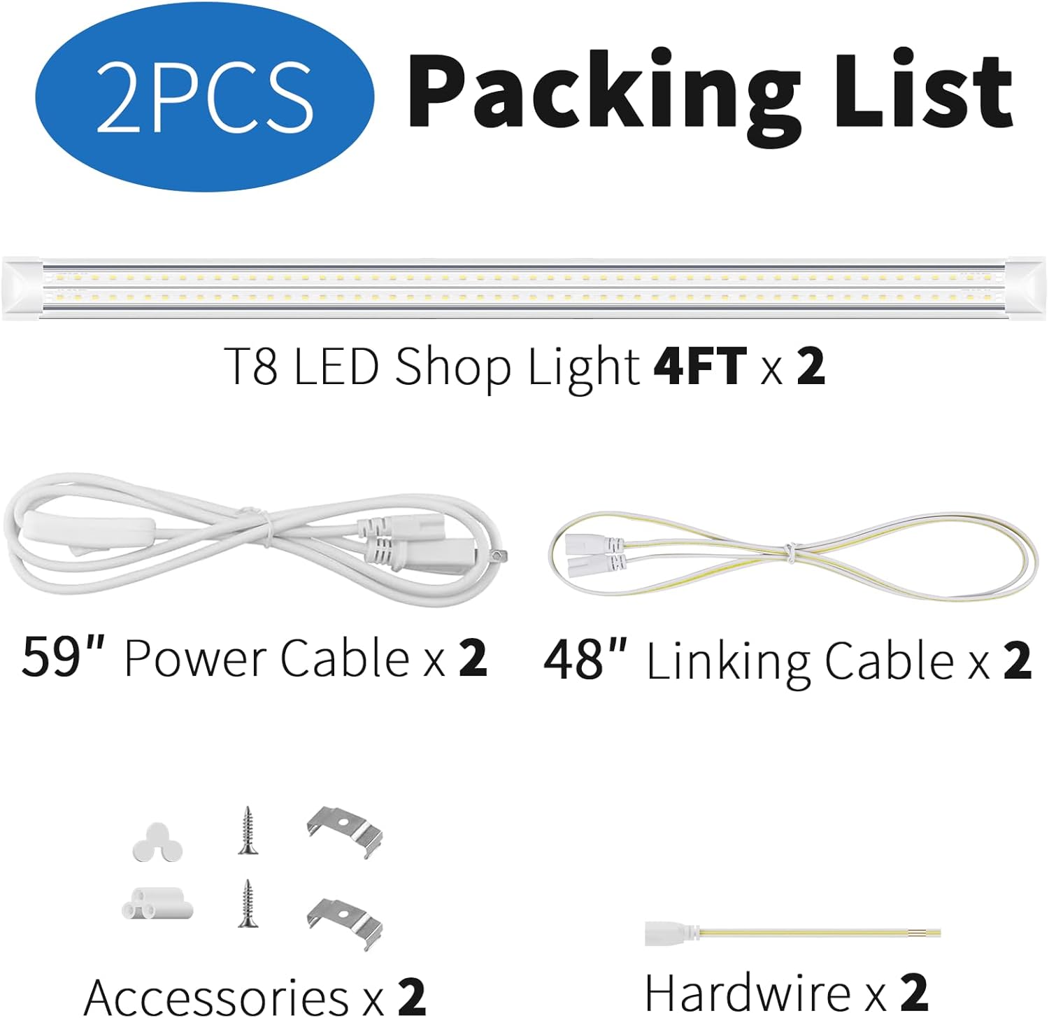 2-Pack T8 LED Shop Light 4FT, 42W 6300 Lumen 6000K Cool White, 4 Years Warranty, Linkable and Plug and Play Lights for Garage Ceiling Workshop Commercial Lighting