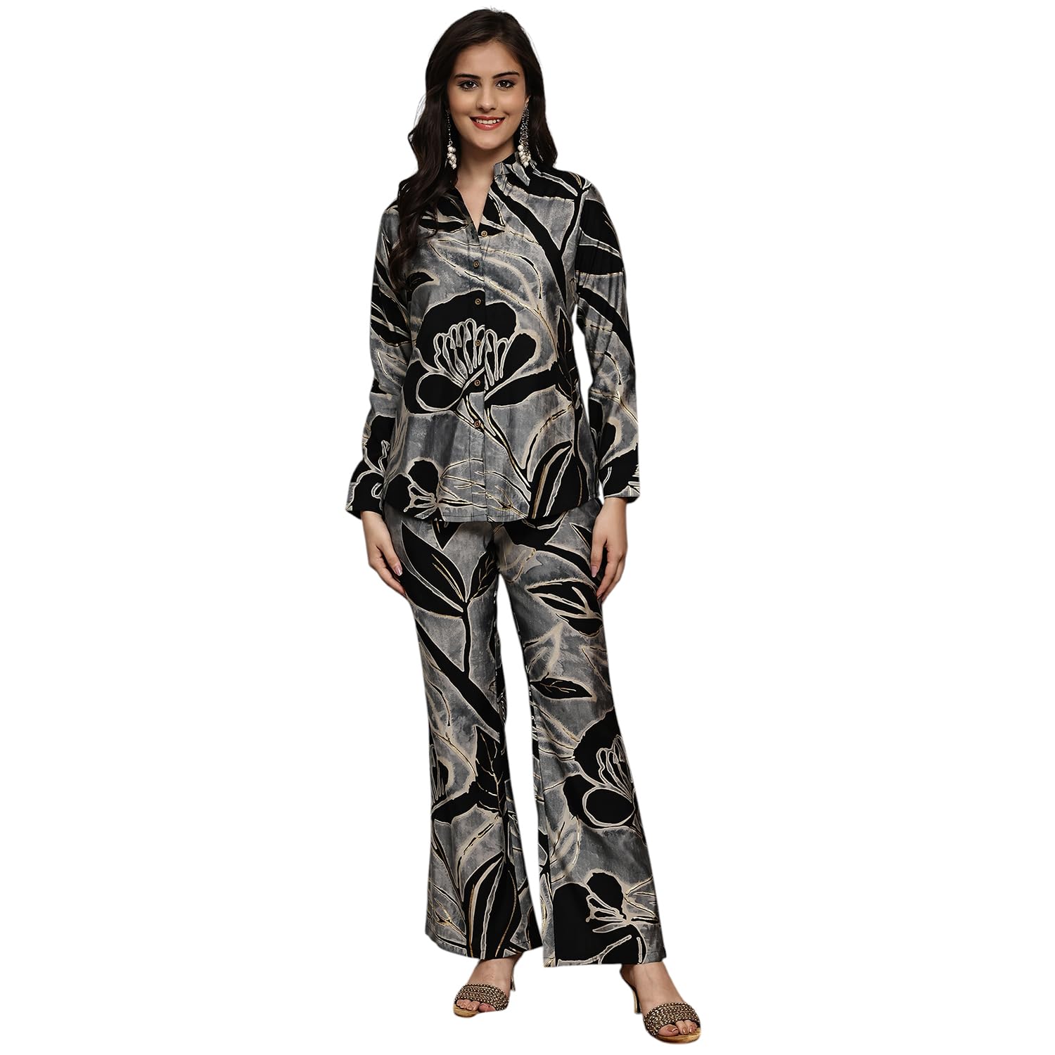 claura Women's Floral Print Co-ord Set, Long Sleeve Button-Down Shirt with Palazzo Pants, Black and Grey Abstract Pattern-picture-34