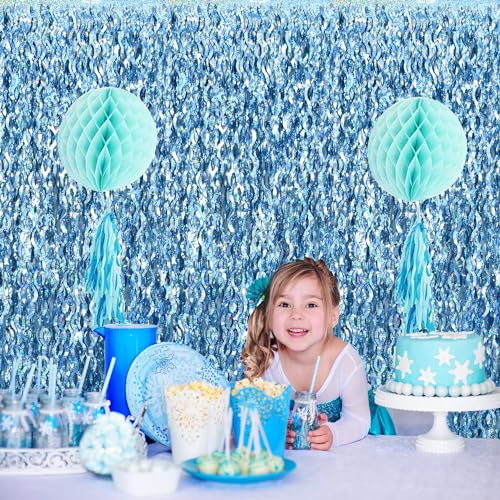 Image of TONIFUL 3Pcs Wavy Metallic Tinsel Foil Fringe Curtains Light Blue Streamer Backdrop for Photo Booth Props,Party Door Wall Curtains,Bachelorette,Underwater World Birthday Party Decor (9.9ft x 6.6ft)