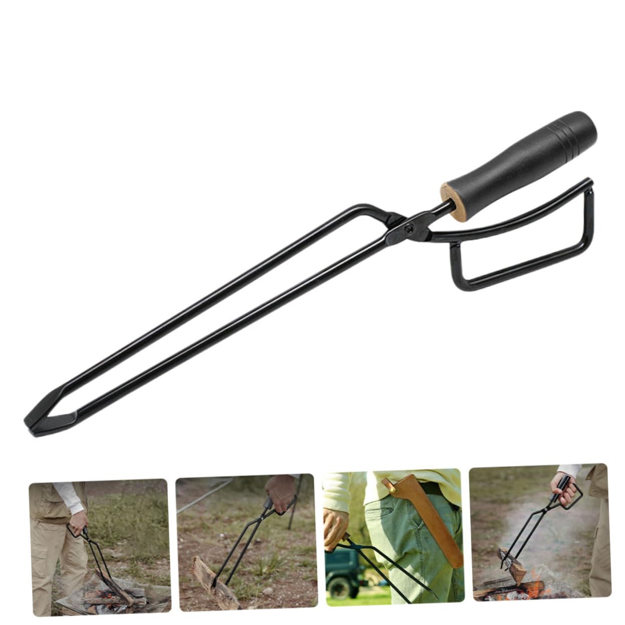 Pinza per Carbone da Esterno in Ferro con Manico in Legno | Nera, Comoda per Spostare Braci, per Attività All'aperto e Cena, Accessori Barbecue