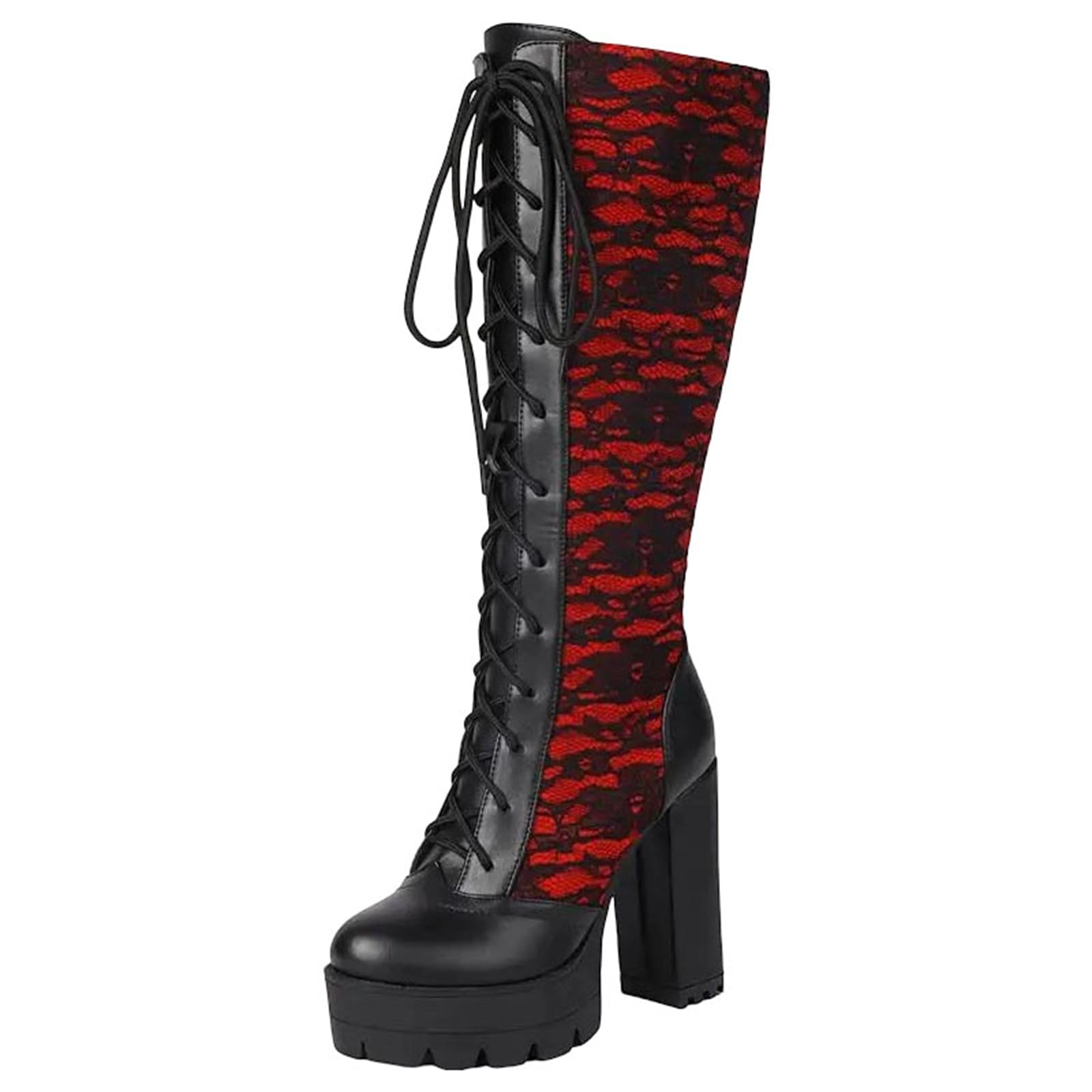 Womens Novelty Platform Knee High Boots With A Round Toe Super High Block Heel In A Slip On