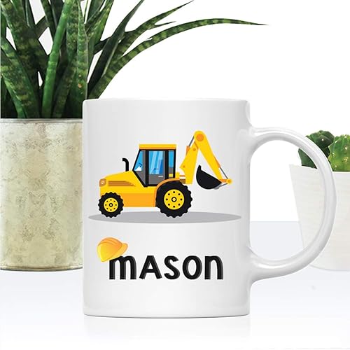 Miniatura 2 de Andaz Press Taza de chocolate caliente personalizada de 11 onzas para niños, cargador de retroexcavadora de camión de construcción amarilla, 1
