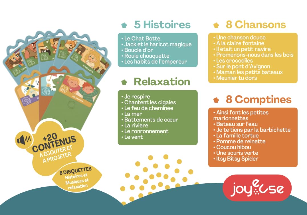 Joyeuse - Proyector Musical para Niños con Historias y Canciones Infantiles - Despertar Musical - Luz Nocturna - Proyección Estelar - 8 Discos Integrados - Pilas Incluidas - Desde 3 años