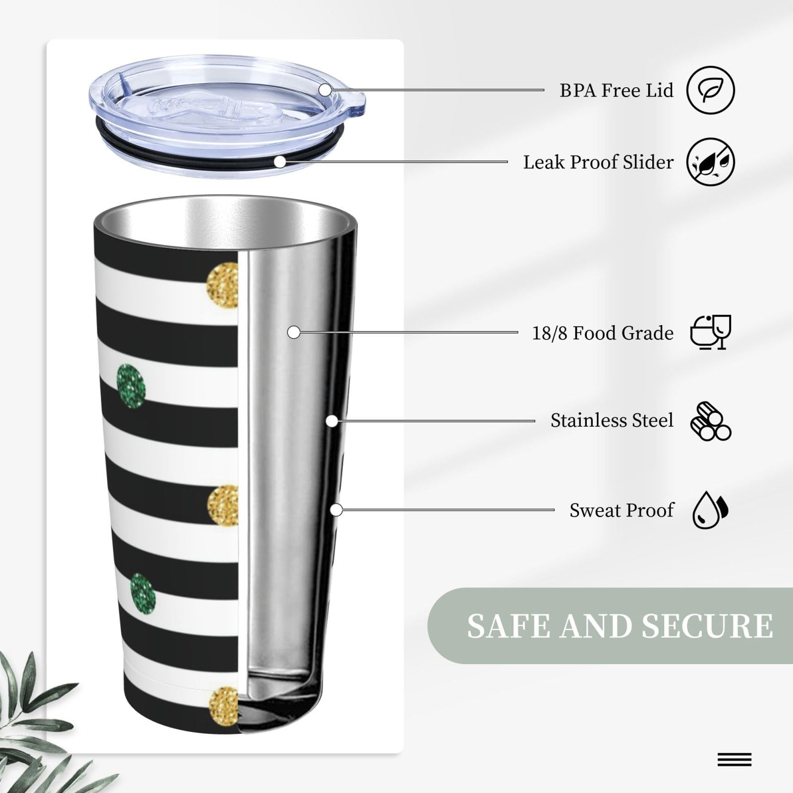 Tazza termica portatile in acciaio inox con stampa a pois arcobaleno glitterata in bianco e nero