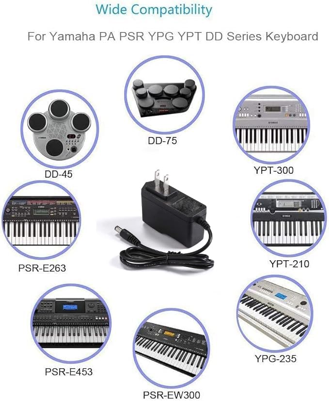 12V Power Adapter Charger for Yamaha Keyboard PA150,PA130 for Yamaha PSR,YPG, YPT, DGX, DD, EZ Series Replacement 6Ft Power Cord