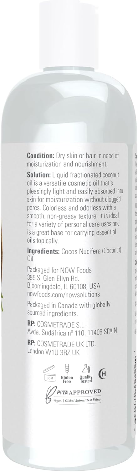 NOW Foods Solutions, Liquid Coconut Oil, Light and Nourishing, Promotes Healthy-Looking Skin and Hair, 16-Ounce