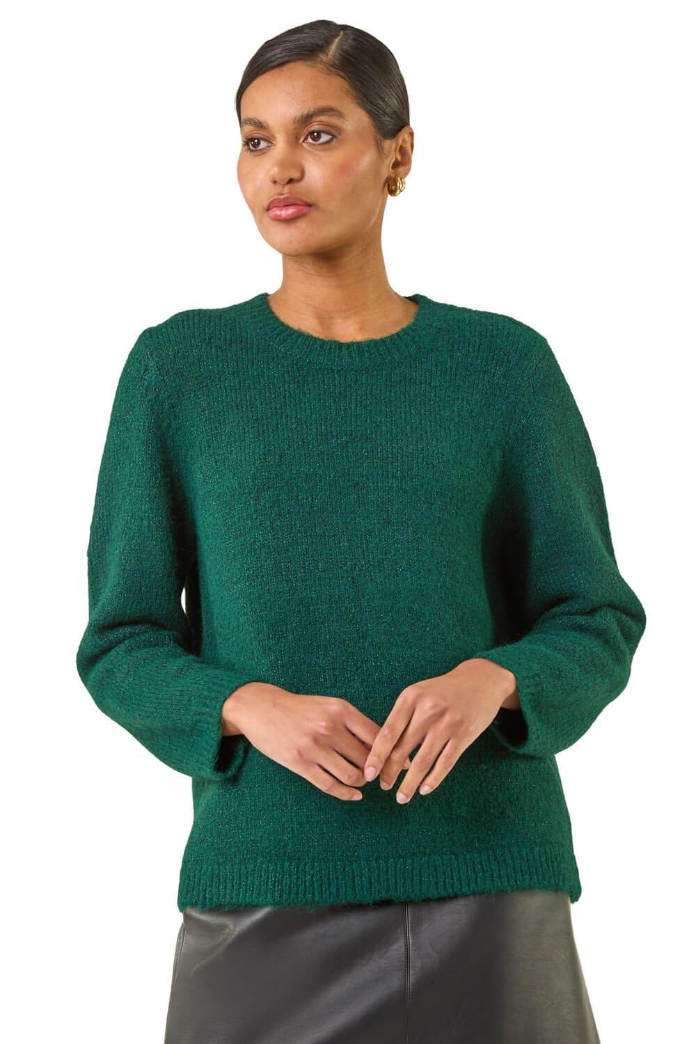 Roman Originals Bow Back Metallic Knit Jumper for Women UK - Ladies Everyday Autumn Winter Crew Neckline Comfy Soft Evening Vacation Work Party Night Out - Forest - Size 12