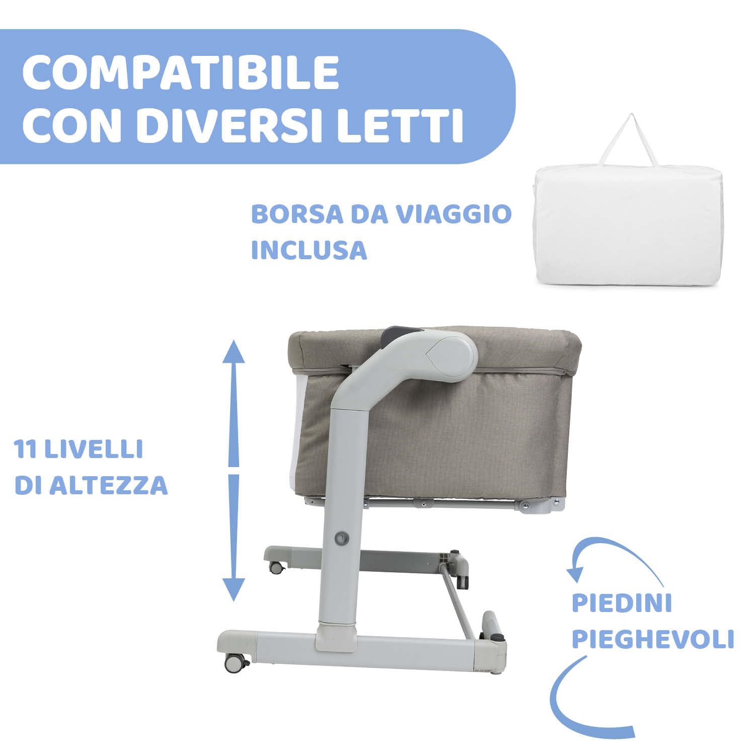 Chicco Next2Me Magic Evo Culla Neonato Fianco Letto Dondolo Spondina Apribile 11 Livelli Altezza Regolabile 4 Ruote Materasso Borsa Viaggio Beige