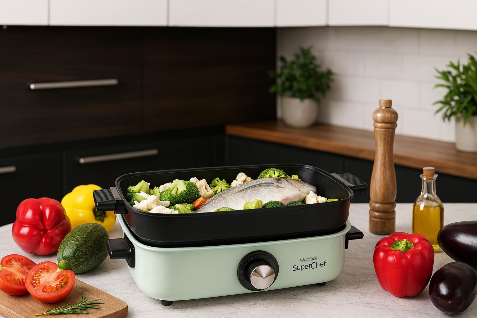 Plancha de Asar Superchef Multi Grill 5 en 1, Plancha de asar, cocina al vapor, guisos, barbacoa eléctrica, 1700 W de potencia