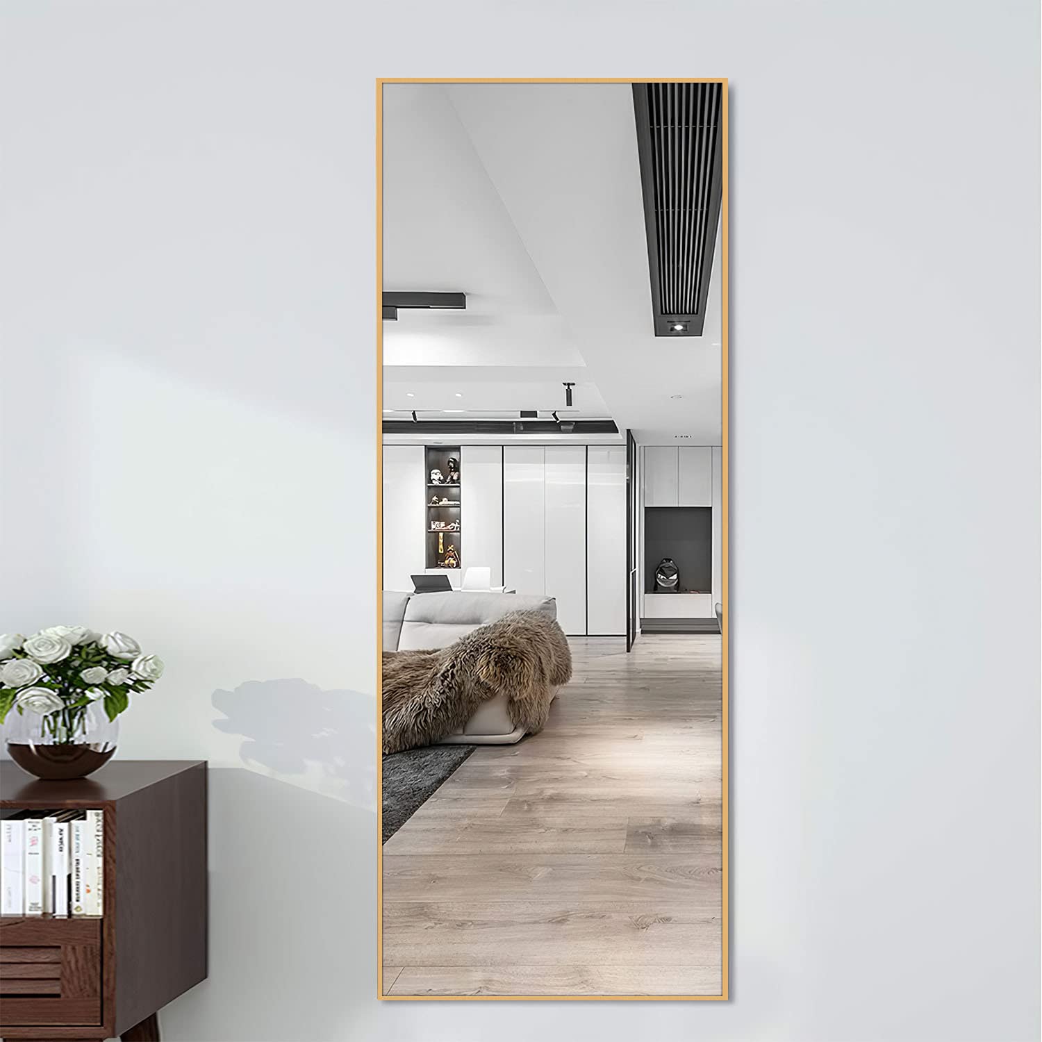 PexFix Full Length Mirror Floor Mirror Stand up Mirror Hanging Mirror Big Mirror with Stand Wall-Mounted Mirror with Gold Aluminum Alloy Frame for Bedroom,60''x20'' (JJ00756ZZE+USAM019)