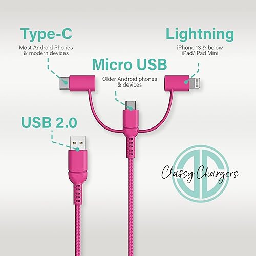 Miniatura 6 de Classy Chargers Cables de carga universales de nailon 3 en 1 para iPhone, Android y más, cable Lightning certificado de 6 pies, tipo C, micro USB,