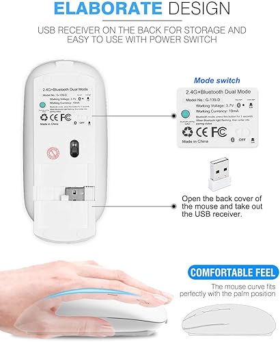 Miniatura 5 de Ratón inalámbrico Bluetooth de 2.4 GHz, modo doble, delgado, recargable, mouse inalámbrico silencioso USB, 3 DPI ajustables, compatible con laptop,