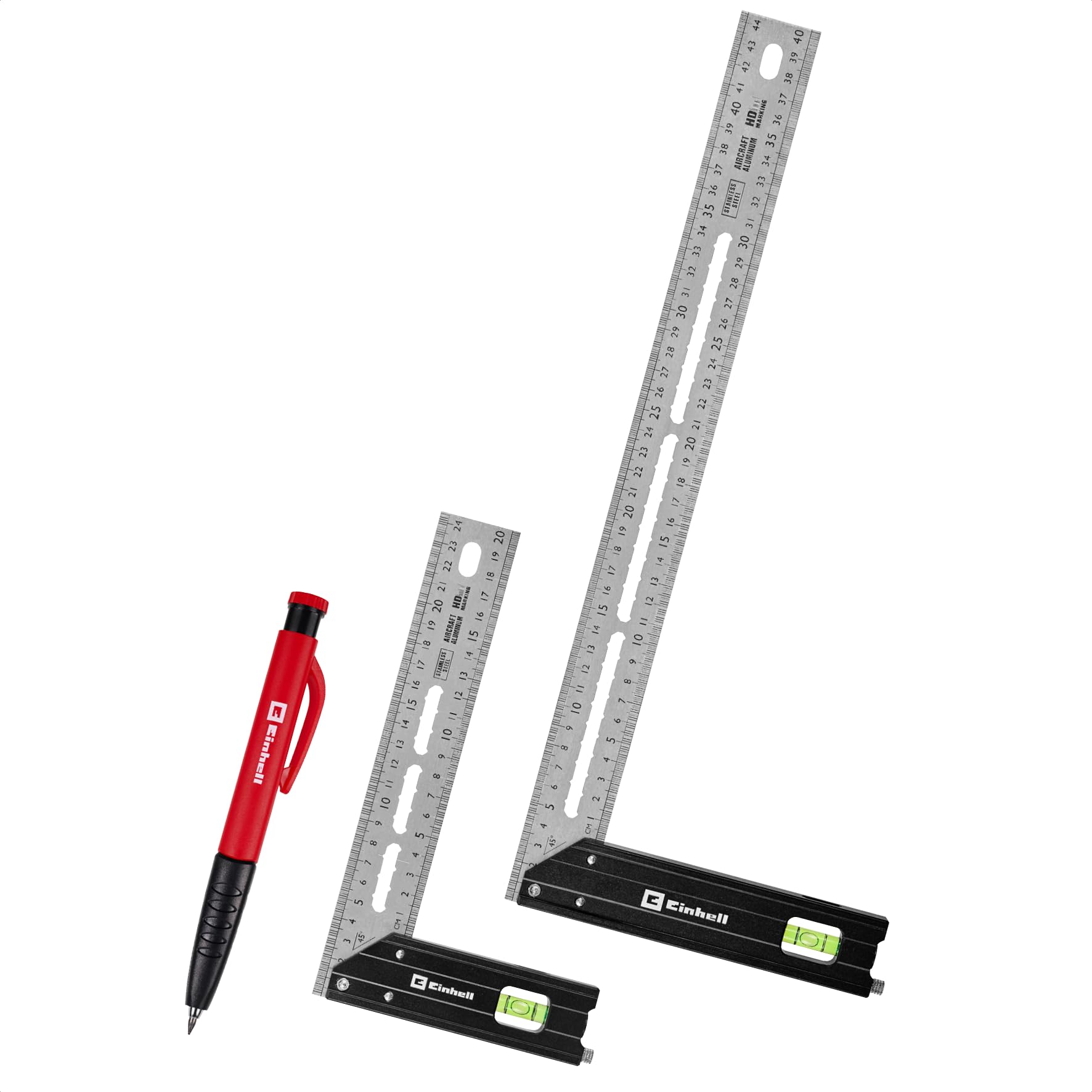 Einhell 2 pezzi set di squadre di battuta, 200/400 mm | Angoli 90° / 45° | scale mm / pollici | fiala | truschino | aperture tracciatura | profilo alluminio | matita meccanica