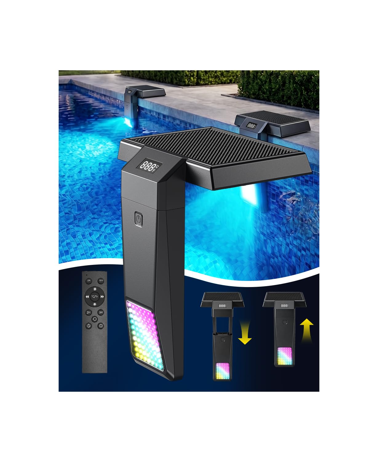 Teleskopierbar Poolbeleuchtung Solar mit Poolthermometer | RGB-Farbe, Einstellbare Helligkeit, Mit Fernbedienung, Unterwasser, Für verschiedene Poolarten