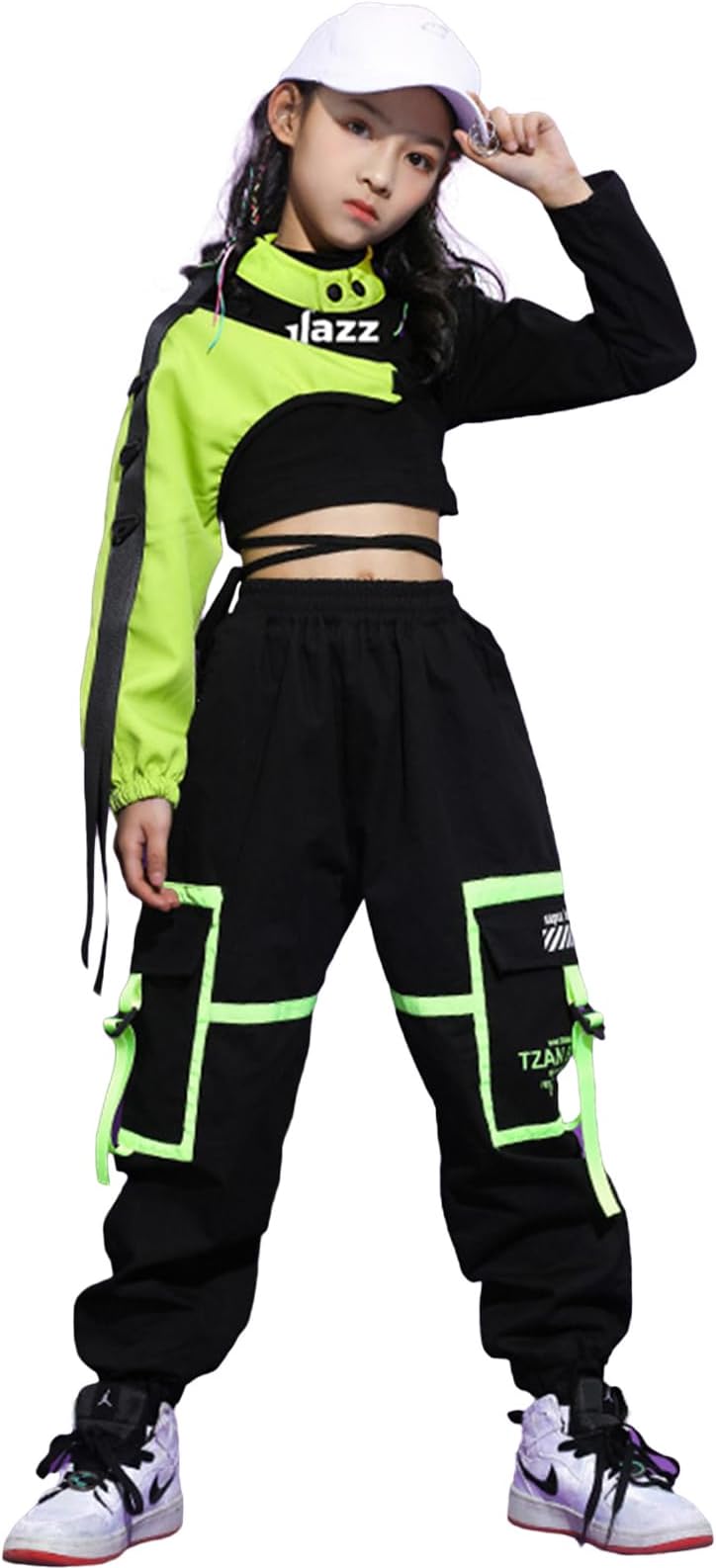 LOLANTA Girls Hip Hop Street Dance Outfit, Stylish Cropped Top Cargo Trousers Clothing,7-18 Years